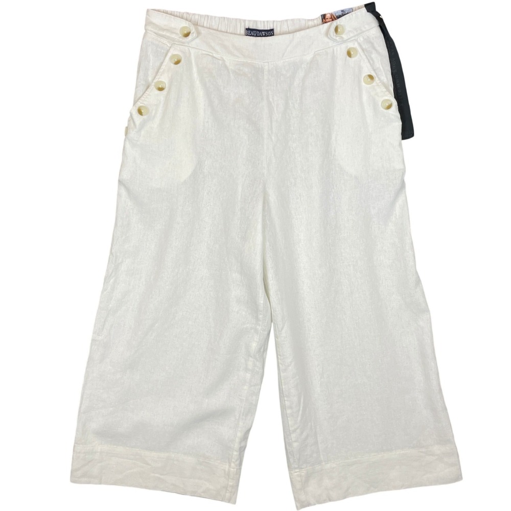 BEAU‎ DAWSON Women's White Linen Blend Cropped Wide Leg Sailor Pants Size L